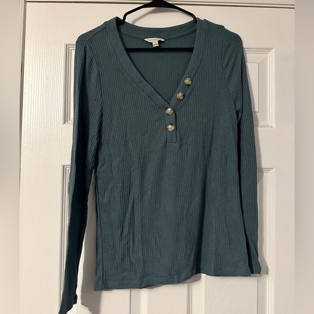Lucky Brand Teal Button-Accent Long Sleeve Top